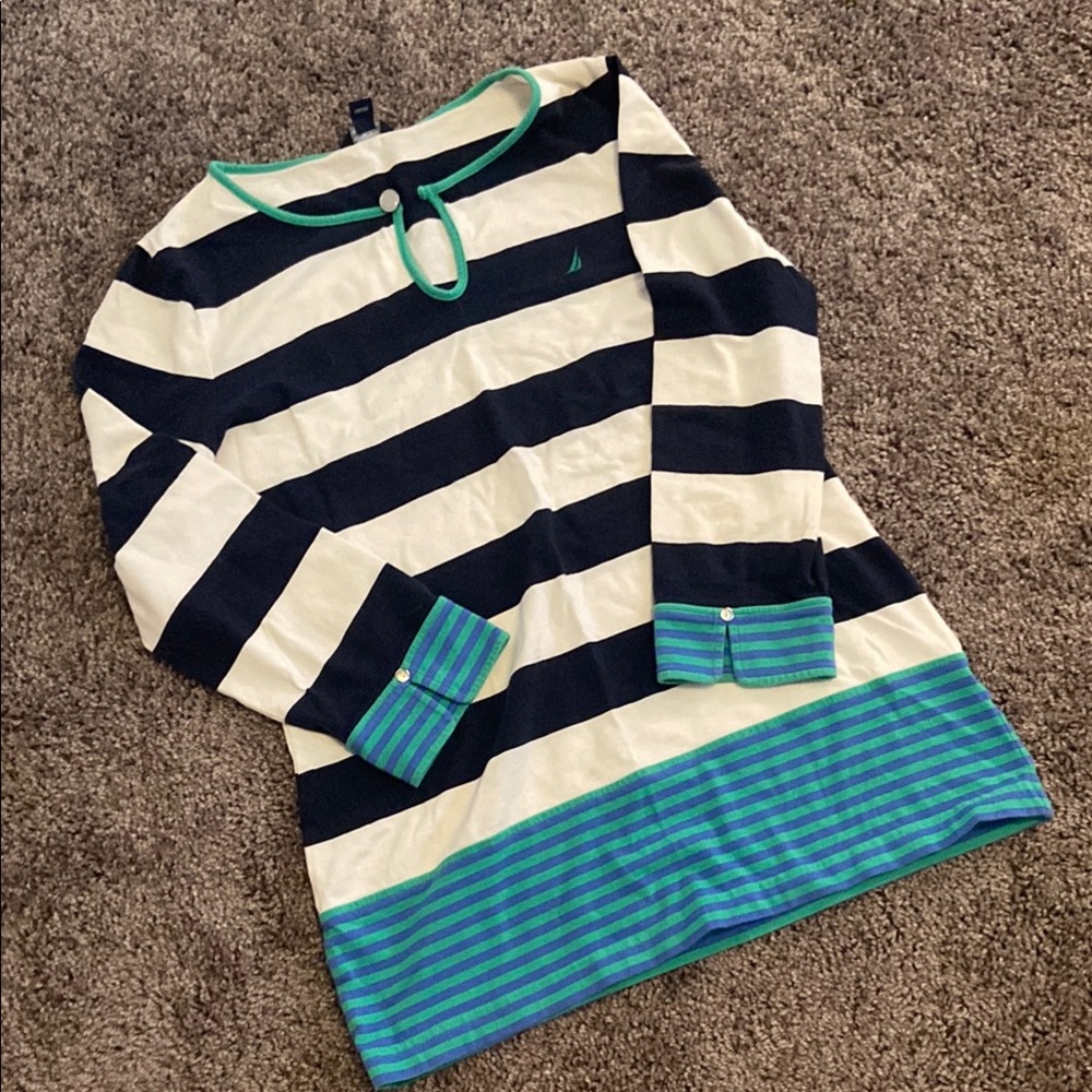 Nautica Navy and Cream Top with Green Trim